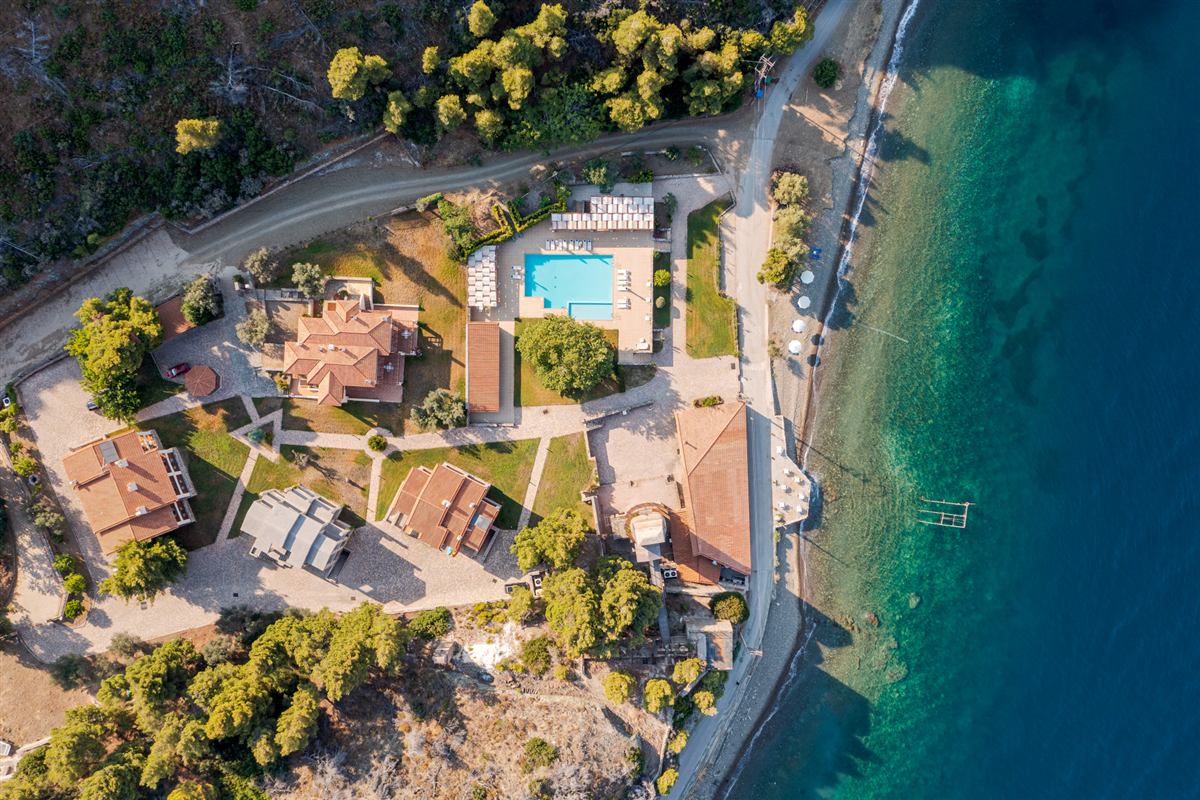 Aerial view of Kaminos seaside resort, Limni Evia