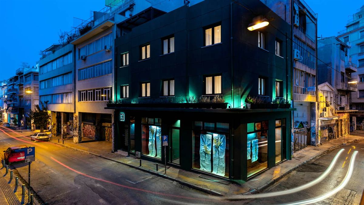 Nin&Bau Sarri 2 hotel on a corner of Psiri at blue hour